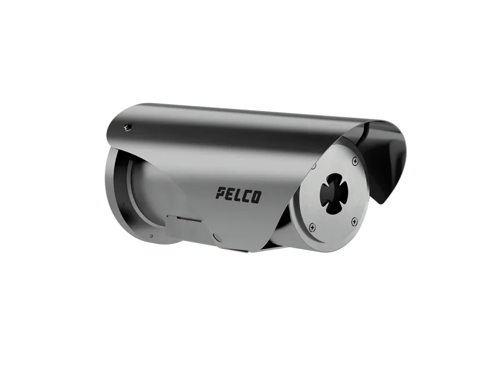 Pelco ExSite Enhanced Thermal 2 Series fixed explosion-proof camera in stainless steel housing, front three-quarter view