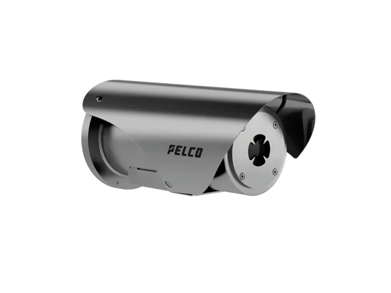Pelco ExSite Enhanced Thermal 2 Series fixed explosion-proof camera in stainless steel housing, front three-quarter view