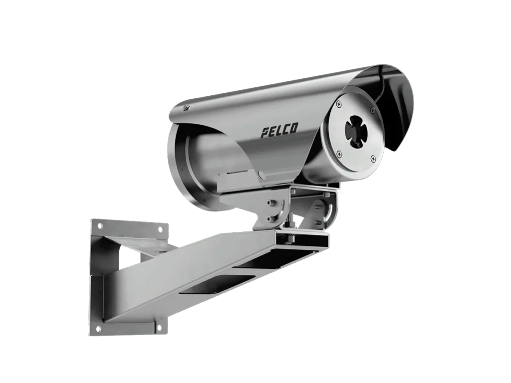 Pelco ExSite Enhanced Thermal 2 Series camera on its wall-mount bracket, angled downward