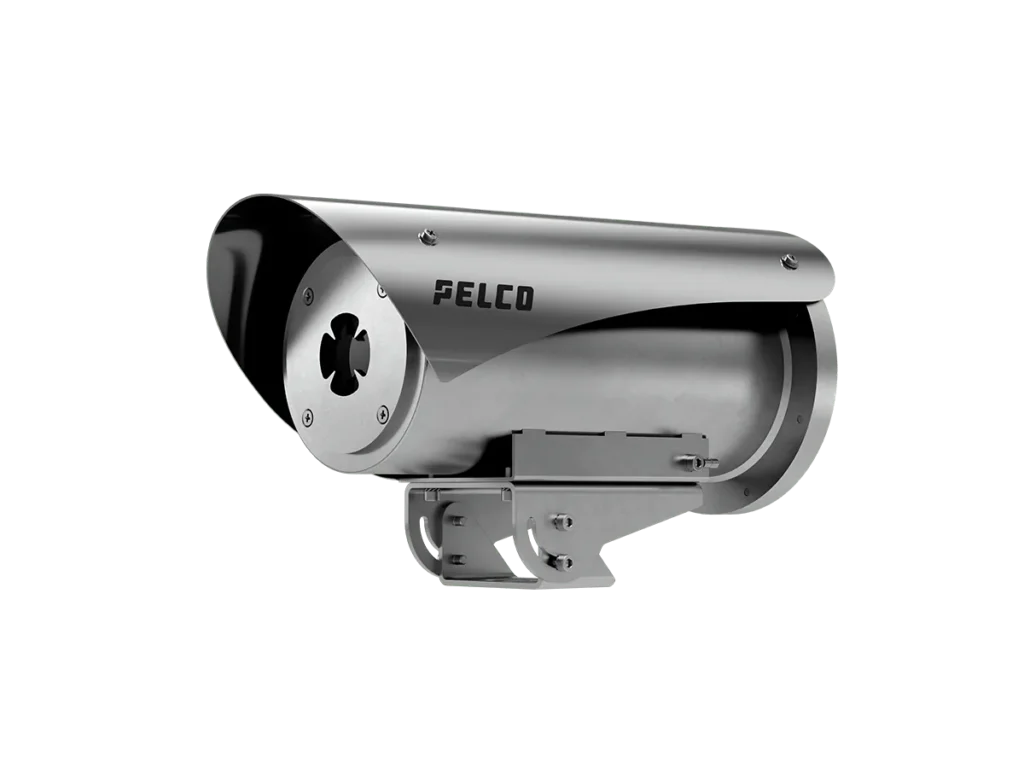 Pelco ExSite Enhanced Thermal 2 Series camera with mounting bracket, rear three-quarter view