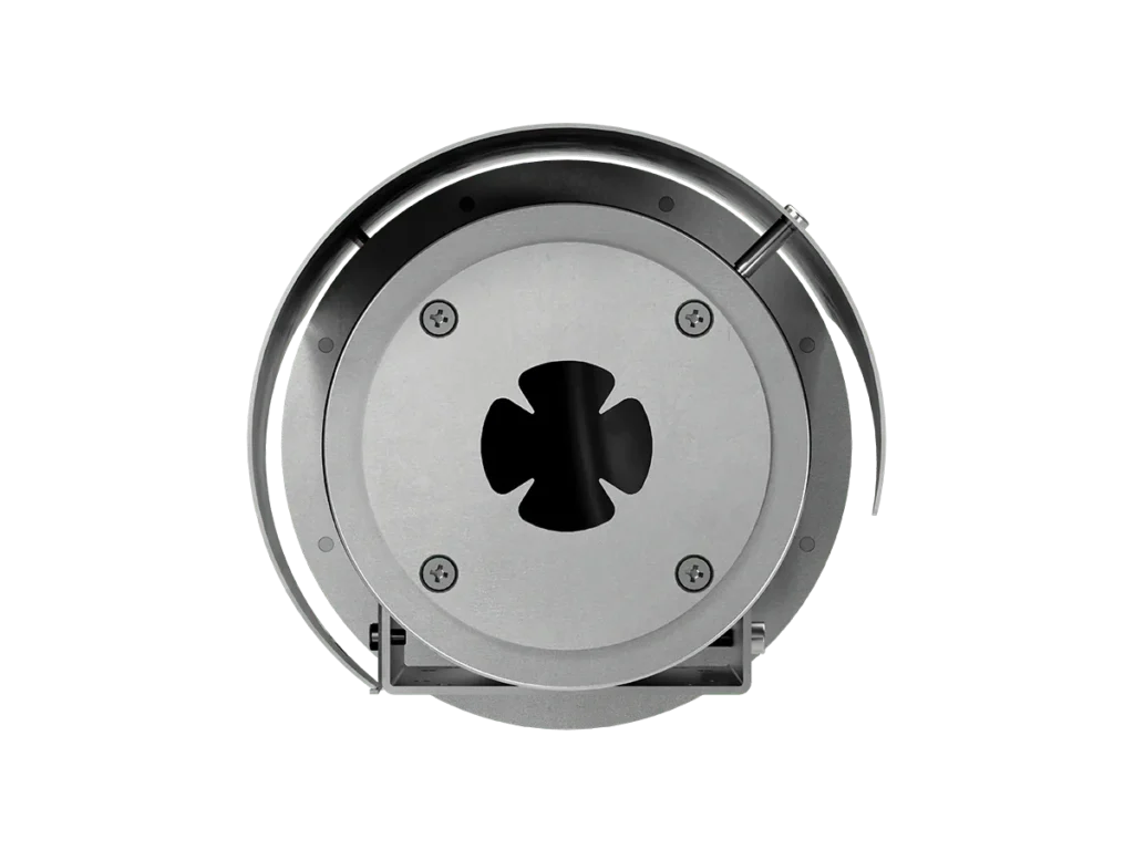 Front view of the Pelco ExSite Enhanced Thermal 2 Series camera lens aperture and stainless steel faceplate