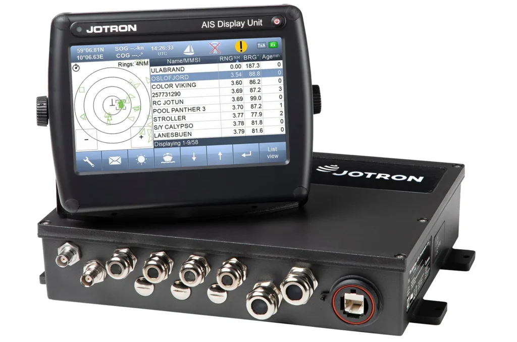 Jotron Tron AIS TR-8000 MkII Class A, showing the 7-inch touch screen display unit and the separate transceiver